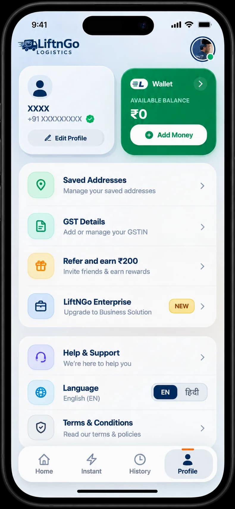 Liftngo customer app interface